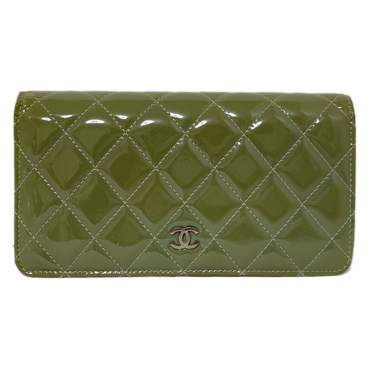 CHANEL シャネル 長財布 マトラッセ カーキ シルバー金具 レザー