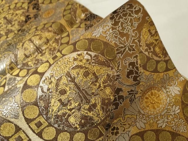 平和屋着物▽佐賀錦 六通柄袋帯 動物草花文 金銀糸 正絹 逸品