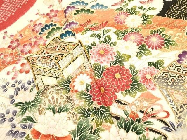 平和屋着物□豪華振袖 駒刺繍 御所車鴛鴦花文 金彩 正絹 逸品