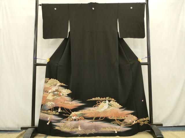 平和屋着物□五代 歌舞伎役者 坂東八十助 黒留袖 駒刺繍 檜扇飛鶴花文