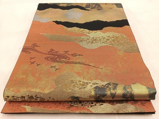 くっちーに様［6154］袋帯 美品 西陣織 服部織物 六通 逸品 正絹 着物 平和屋着物◎西陣 服部織物謹製 六通柄袋帯 こはく錦 道長吉祥文 黒地