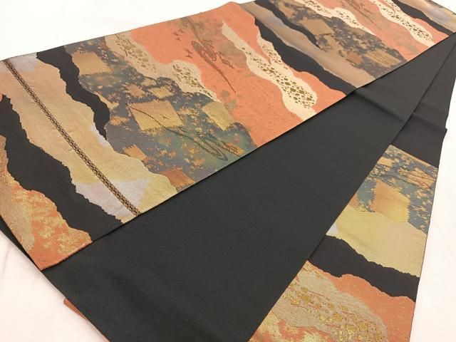 くっちーに様［6154］袋帯 美品 西陣織 服部織物 六通 逸品 正絹 着物 平和屋着物◎西陣 服部織物謹製 六通柄袋帯 こはく錦 道長吉祥文 黒地