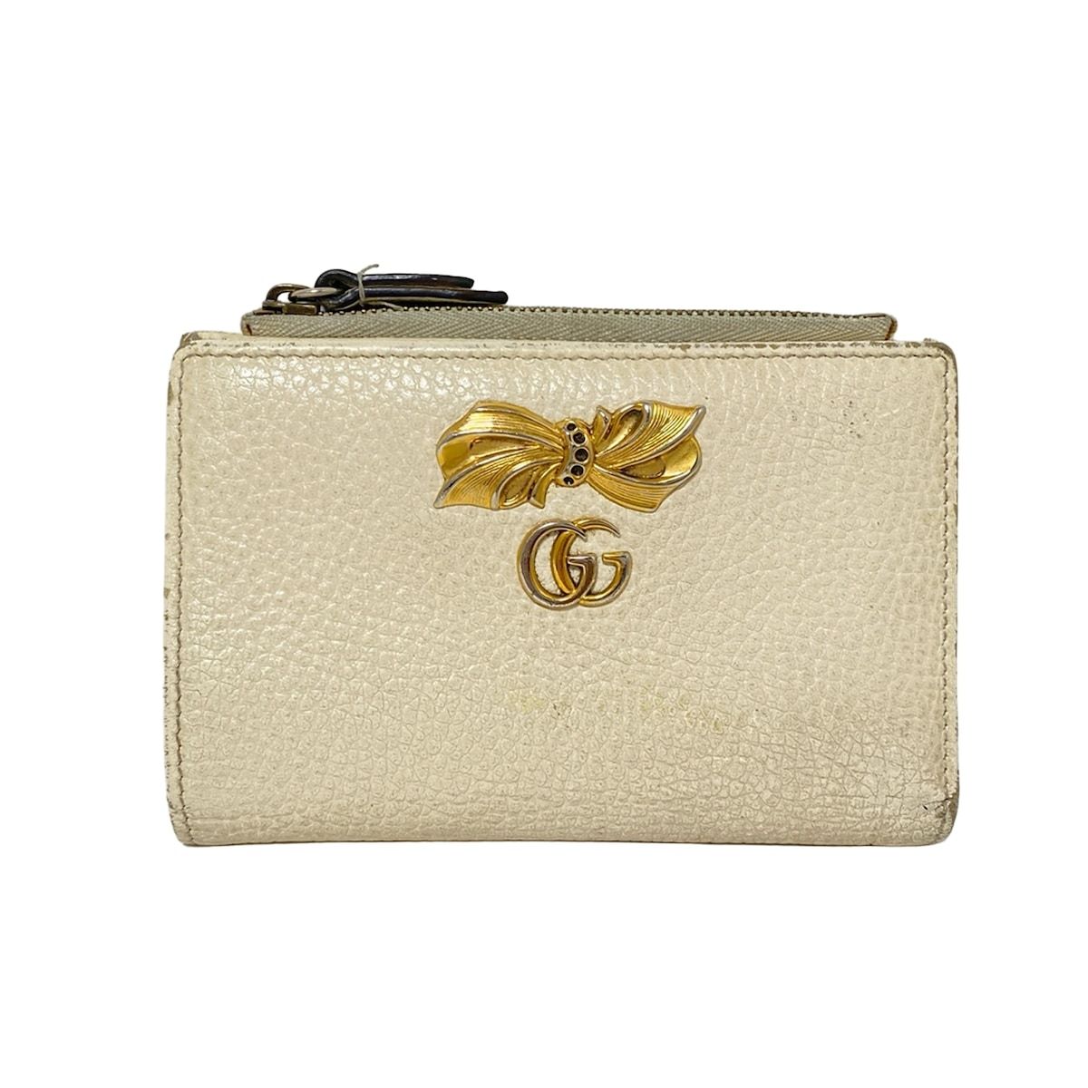 GUCCI グッチ 2つ折り財布 GGマーモント 524300 アイボリー リボン レザー