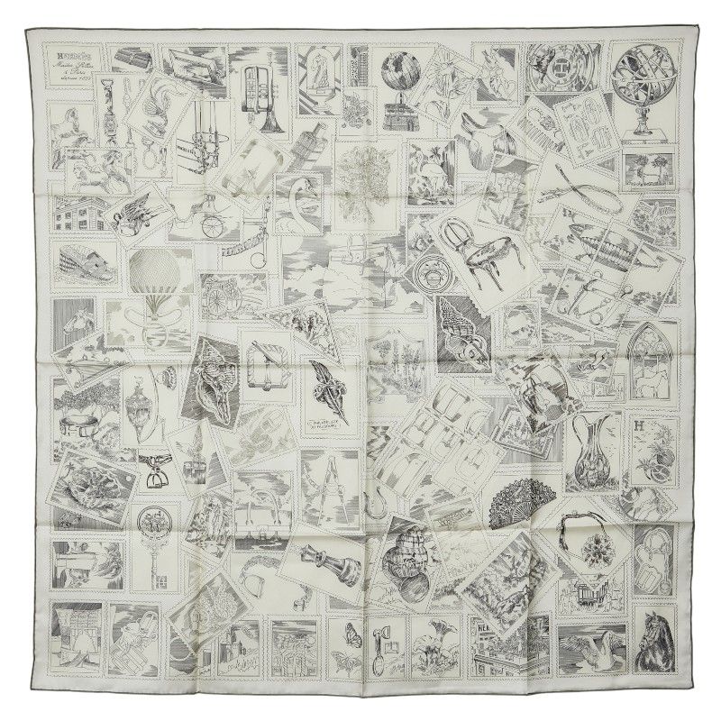 エルメス カレ90 LE DU フォーブルの切手愛好家 ホワイト アイボリー グリーン シルク レディース HERMES 1-0242352