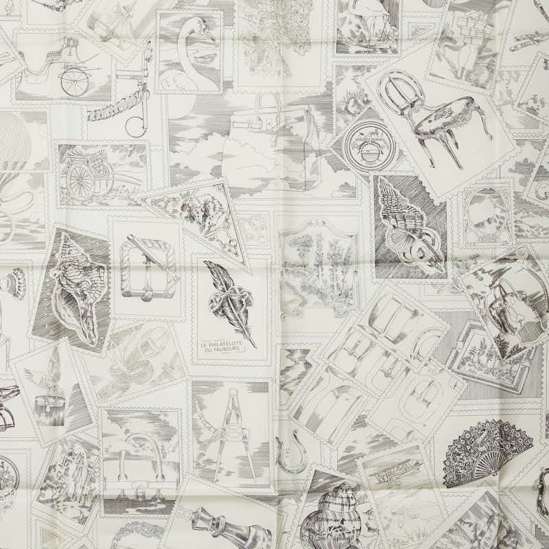 エルメス カレ90 LE DU フォーブルの切手愛好家 ホワイト アイボリー グリーン シルク レディース HERMES 1-0242352