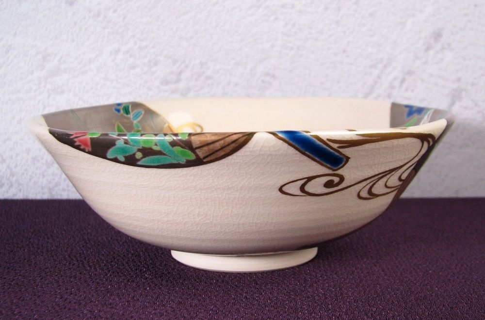 京焼 東福窯 中村能久作 色絵団扇之図茶碗 幅：14.5cm 共箱・共布・栞