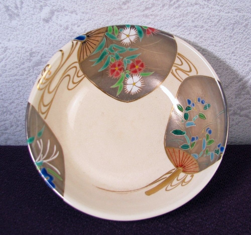 京焼 東福窯 中村能久作 色絵団扇之図茶碗 幅：14.5cm 共箱・共布・栞