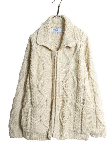 【お得なクーポン配布中!】  エクアドル製 フルジップ ケーブル ニット セーター ジャケット メンズ レディース L 程/ 手編み ハンドメイド カウチン フィッシャーマン
