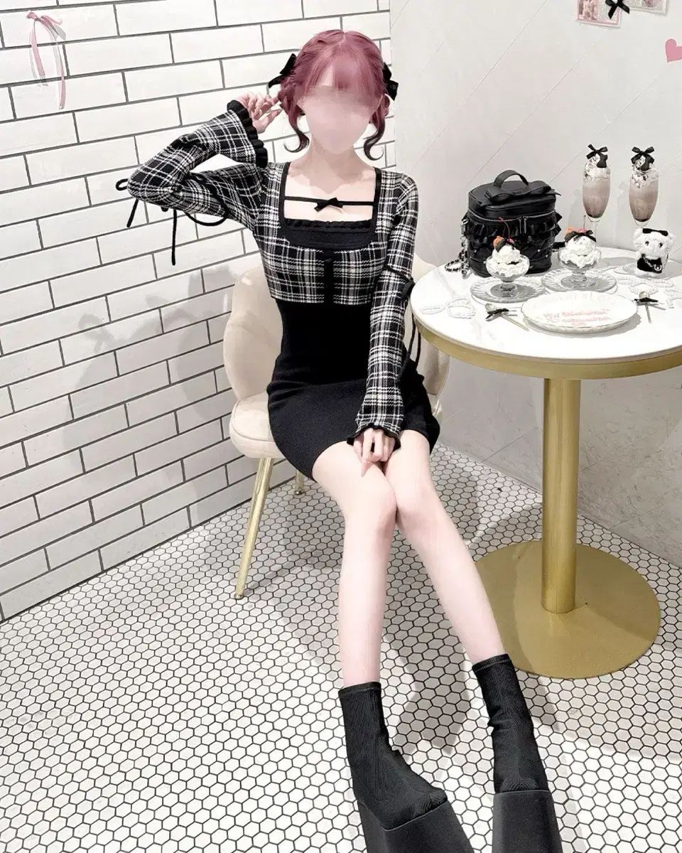  ハニーミュ ウールチェックリボン ドッキング ONE PIECE BLACK 量産型地雷系スナ系 Girl リー 日本ブランド 迷 Me 長袖 七分袖 ミニワンピース