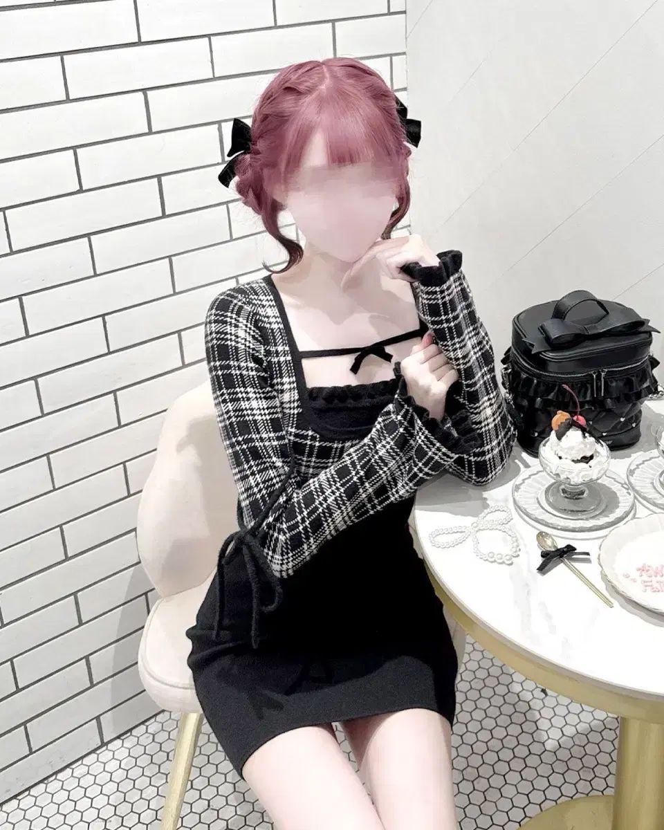 ハニーミュ ウールチェックリボン ドッキング ONE PIECE BLACK 量産型地雷系スナ系 Girl リー 日本ブランド 迷 Me