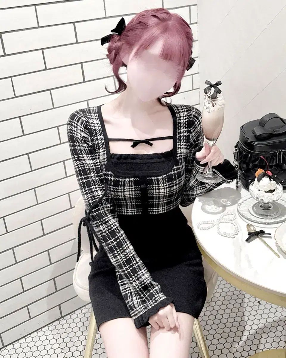 ハニーミュ ウールチェックリボン ドッキング ONE PIECE BLACK 量産型地雷系スナ系 Girl リー 日本ブランド 迷 Me