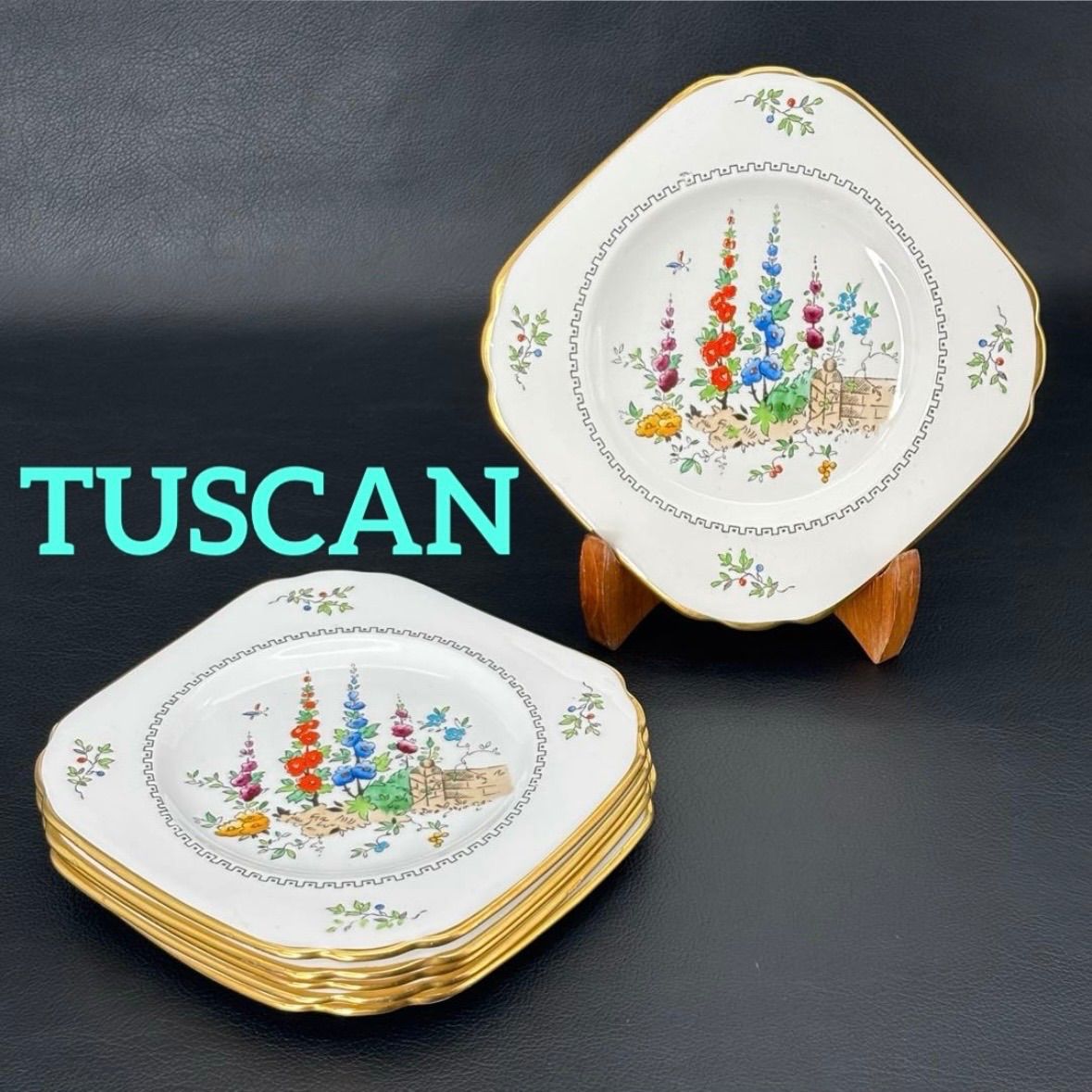 TUSCAN タスカン HOLLY HOCKS ホリホック 和名 タチアオイ プレート 6枚セット TUSCAN社 スタッフォードシャー イギリスアンティーク食器 アンティーク雑貨 ハンドペイント エナメル絵付け ケーキプレート