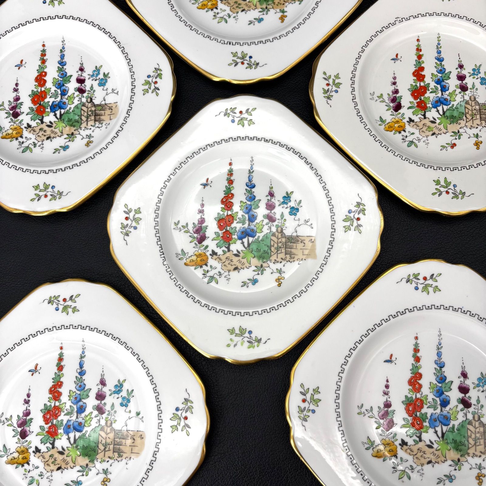 TUSCAN タスカン HOLLY HOCKS ホリホック 和名 タチアオイ プレート 6枚セット TUSCAN社 スタッフォードシャー イギリスアンティーク食器 アンティーク雑貨 ハンドペイント エナメル絵付け ケーキプレート