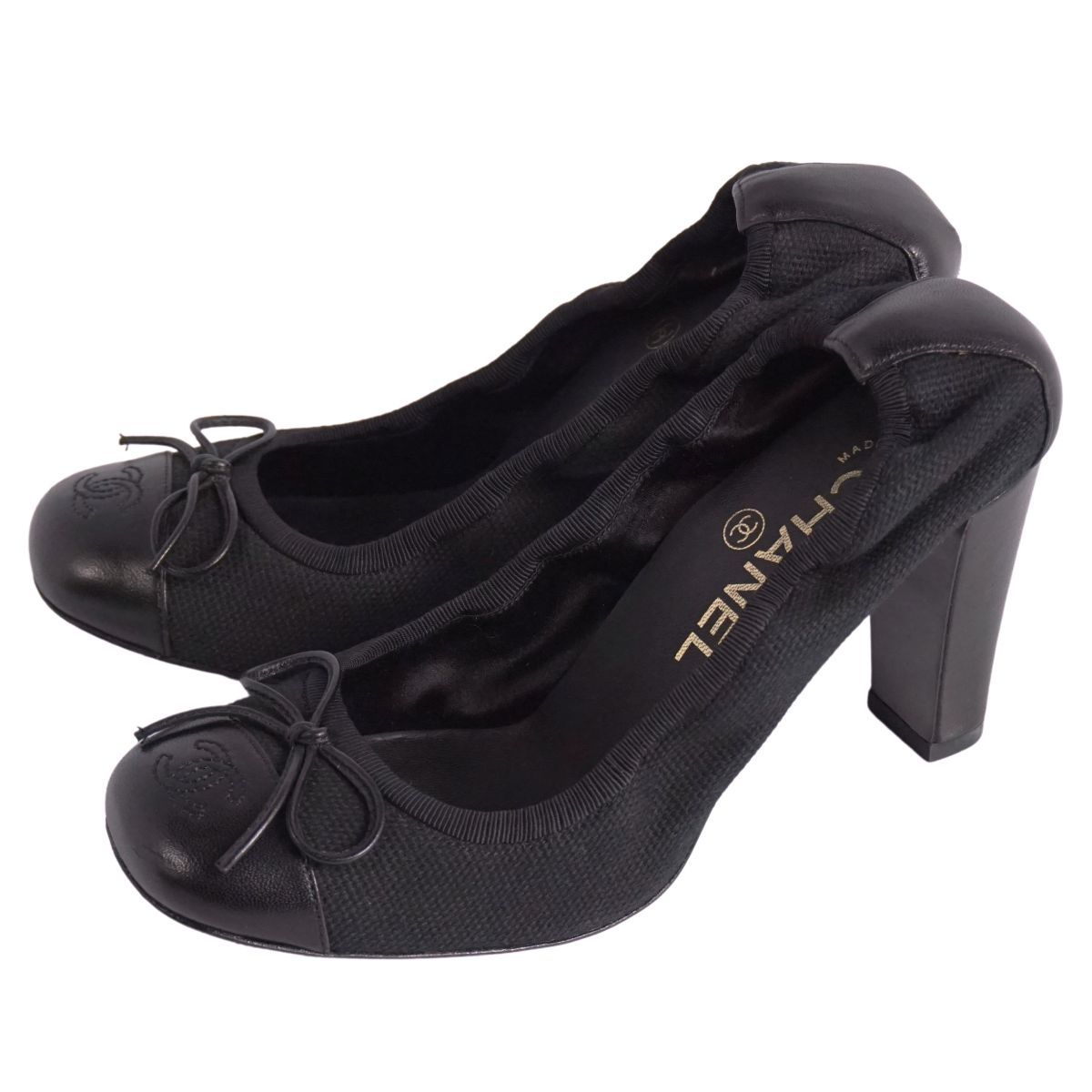 シャネル CHANEL パンプス リボン ココマーク キャンバス レザー