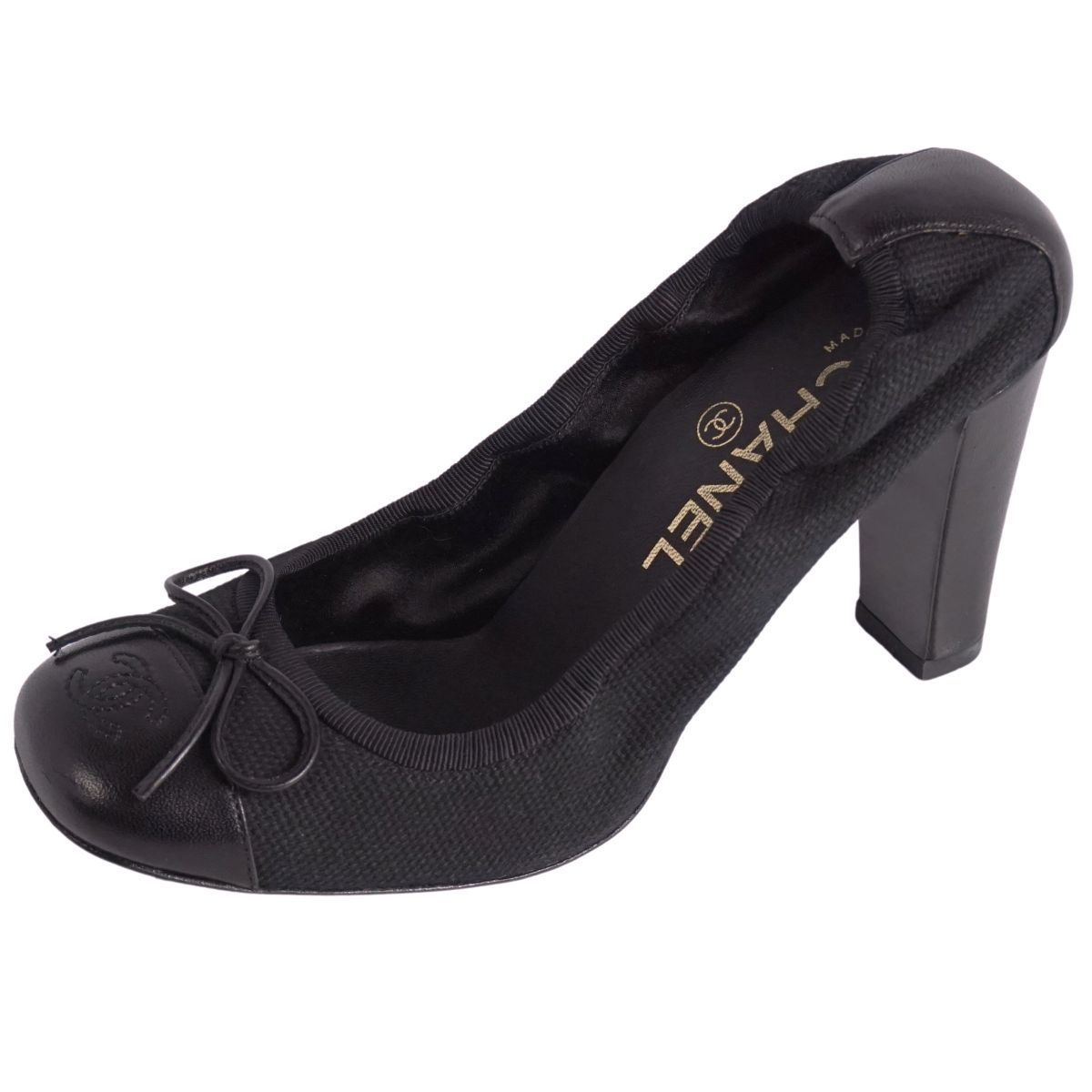 シャネル CHANEL パンプス リボン ココマーク キャンバス レザー