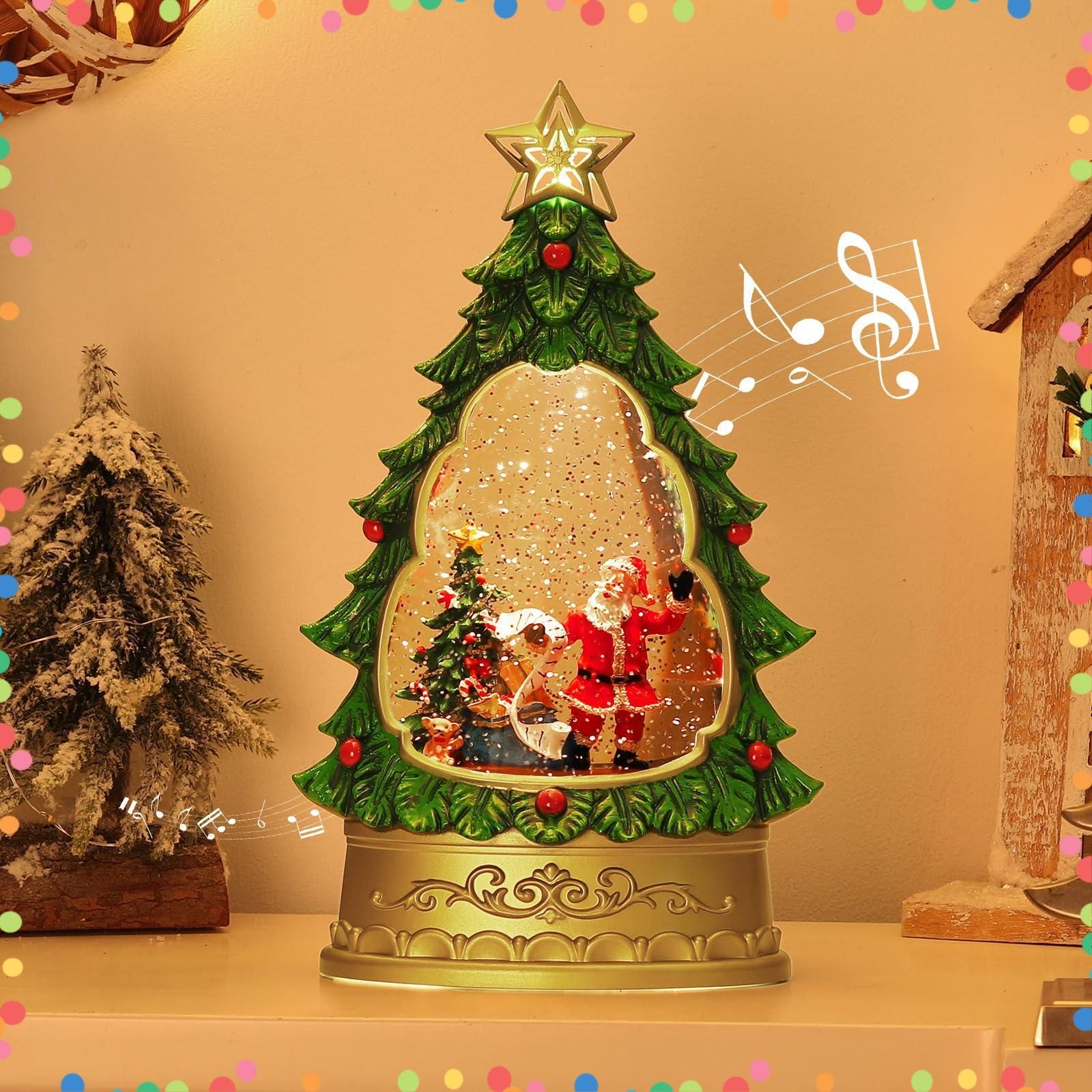 モミの木モチーフ サンタさんボール LEDライト付き クリスマスツリースノーグローブ 8曲自動ループ クリスマスプレゼント スノードーム インテリア 置物飾り Lewondr プレゼントを配るサンタさん＆モミの木