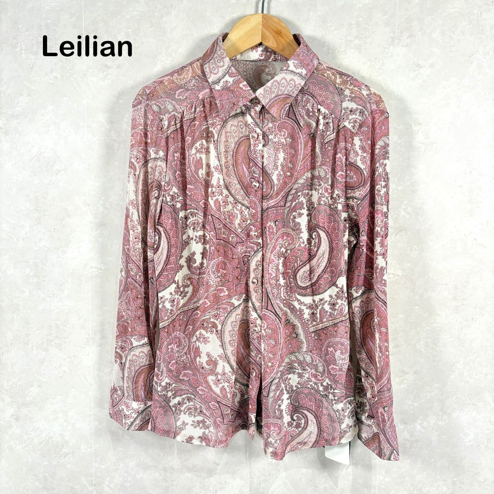 Leilian レリアン ペイズリー 総柄 シースルー シアー ストレッチ メッシュ 長袖 シャツ ピンク