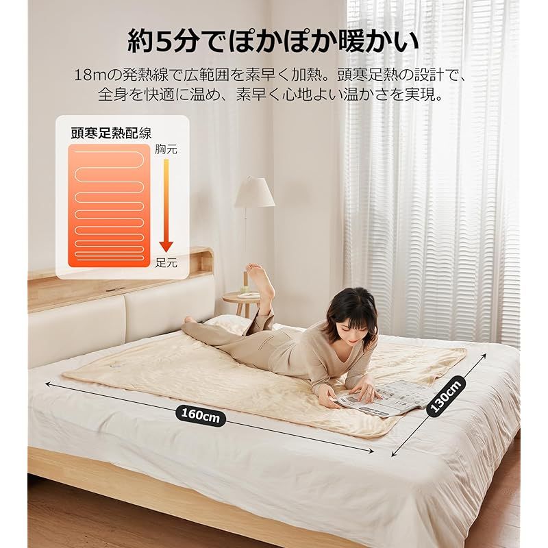 彡Ilake 電気毛布 掛け敷き兼用 160x130cm 速暖 ふわふわ 洗える タイマー付き 6段階温度調節 膝掛け 省エネ ダニ退治 電気敷毛布 掛け電気毛布 過熱保護 防寒対策 節電 暖房器具 電気ブランケット ベージュ