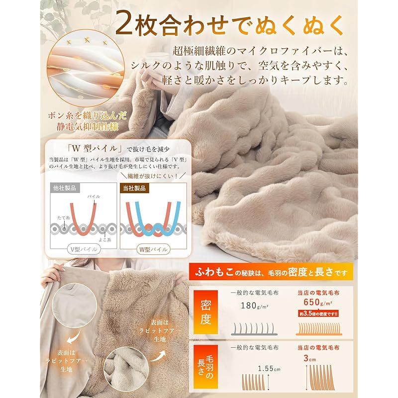 彡電気毛布 表面兎毛調 裏面ポリエステル素材 140×80cm 掛け敷き兼用 ひざ掛け 5段階温度調整 4段階タイマー設定機能 自動オフ 洗える ダニ退治 ふわふわ 柔らかく 防寒対策 暖房器具 省エネ 安全保護 Brown 140×80