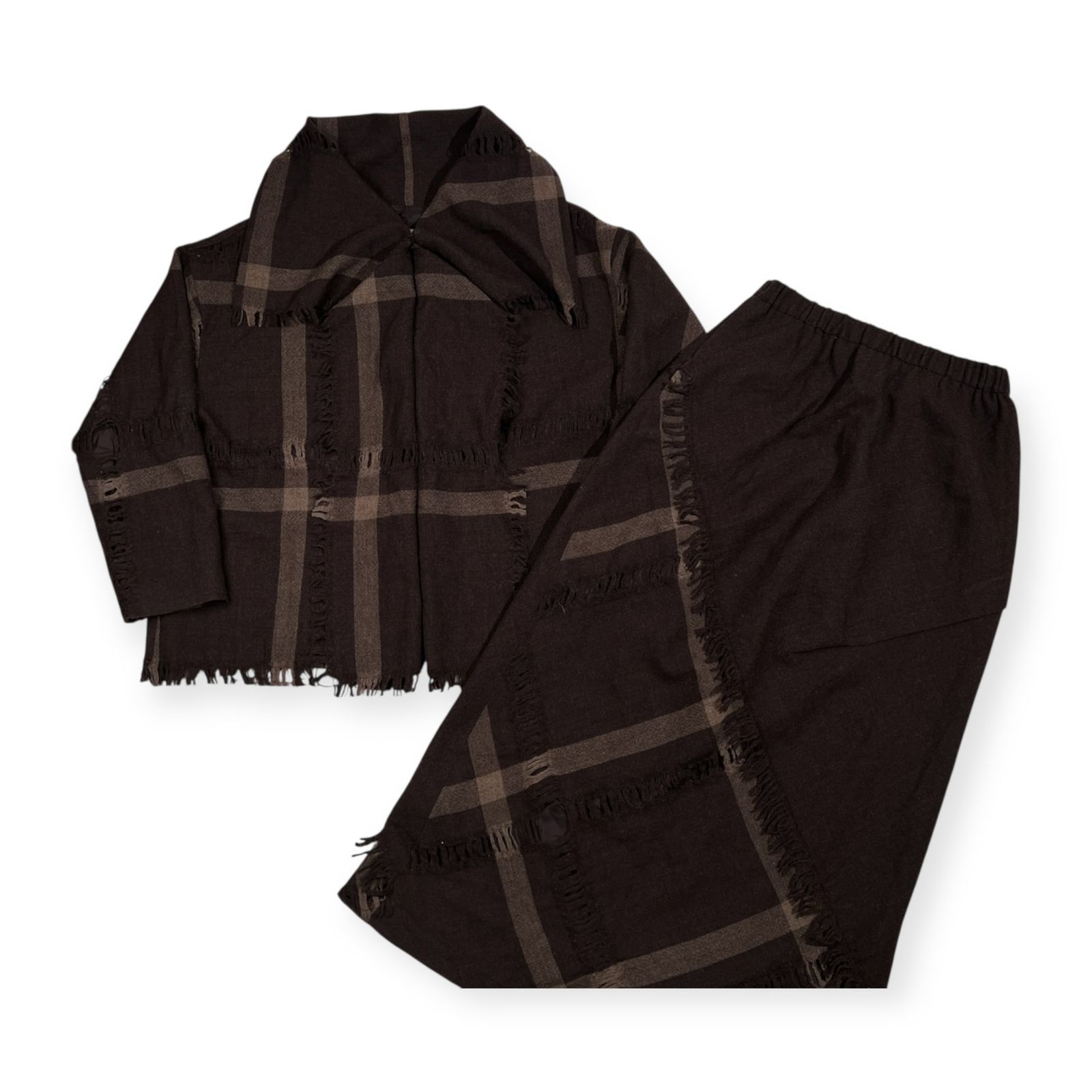 上下セット 慈雨 ジウ センソユニコ チェック柄 セットアップ ジャケット ウール スカート サイズ 40 ダークブラウン