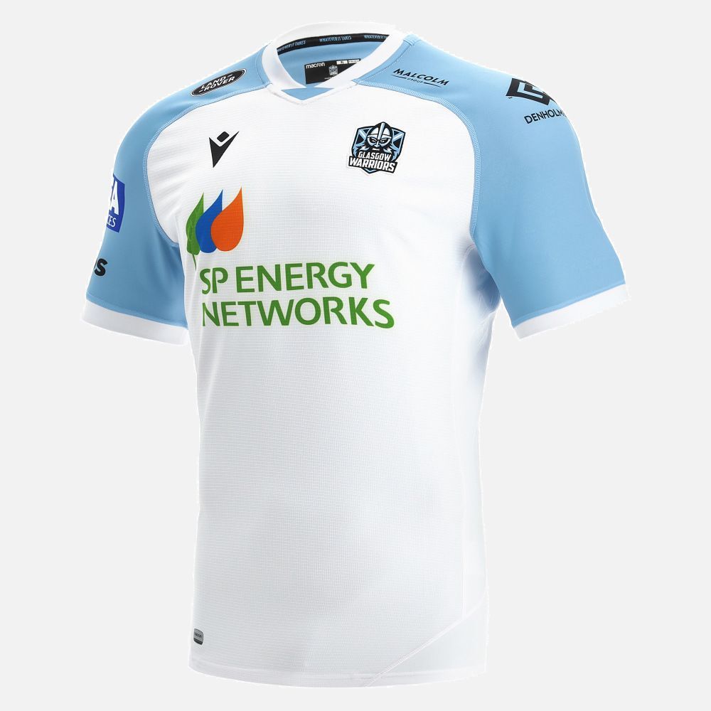 マクロン XXL ラグビー グラスゴー ウォリアーズ 2021 2025 ボディフィット アウェイ マッチ シャツ ジャージ 白 ホワイト 青 ブルー 公式モデル 日本未発売
