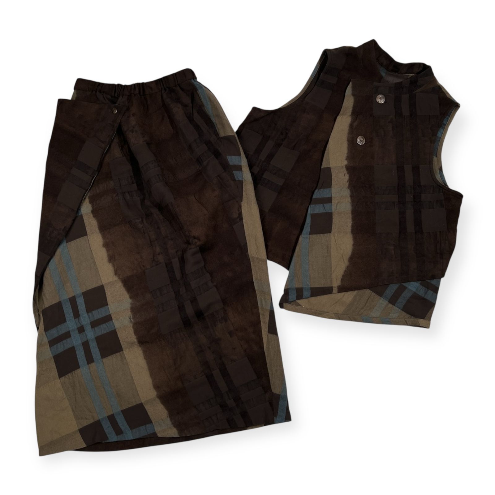 上下セット 慈雨 ジウ センソユニコ チェック柄 セットアップ ベスト - ウール スカート サイズ 40 ダークブラウン