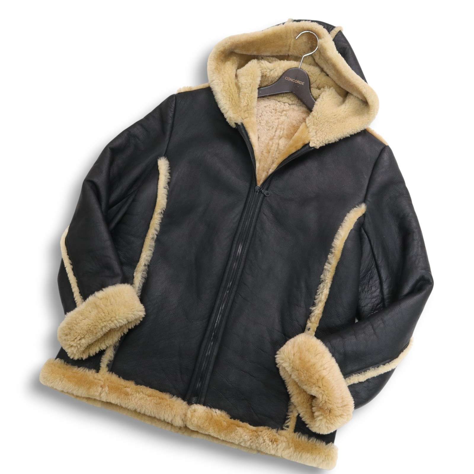 メンズ 秋冬 裏ボア リアル ムートン フーディー フライト ジャケット パーカー Sz.M位　メンズ 黒