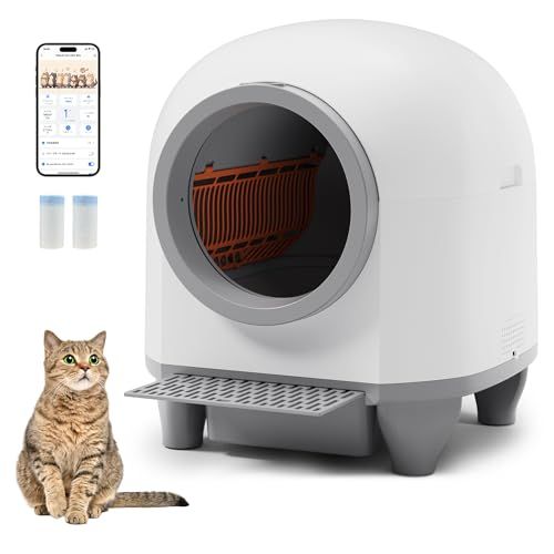 WWI 猫 トイレ 自動猫トイレ お留守番 スマホ管理 開放式広々設計 密封消臭 アプリ 遠隔管理 簡単設定 自動清掃 オシッコが漏れない 大容量 多頭飼い 大型猫対応 ゴミ袋-猫砂取りマット付き 67L ホワイト-グレー 60309314