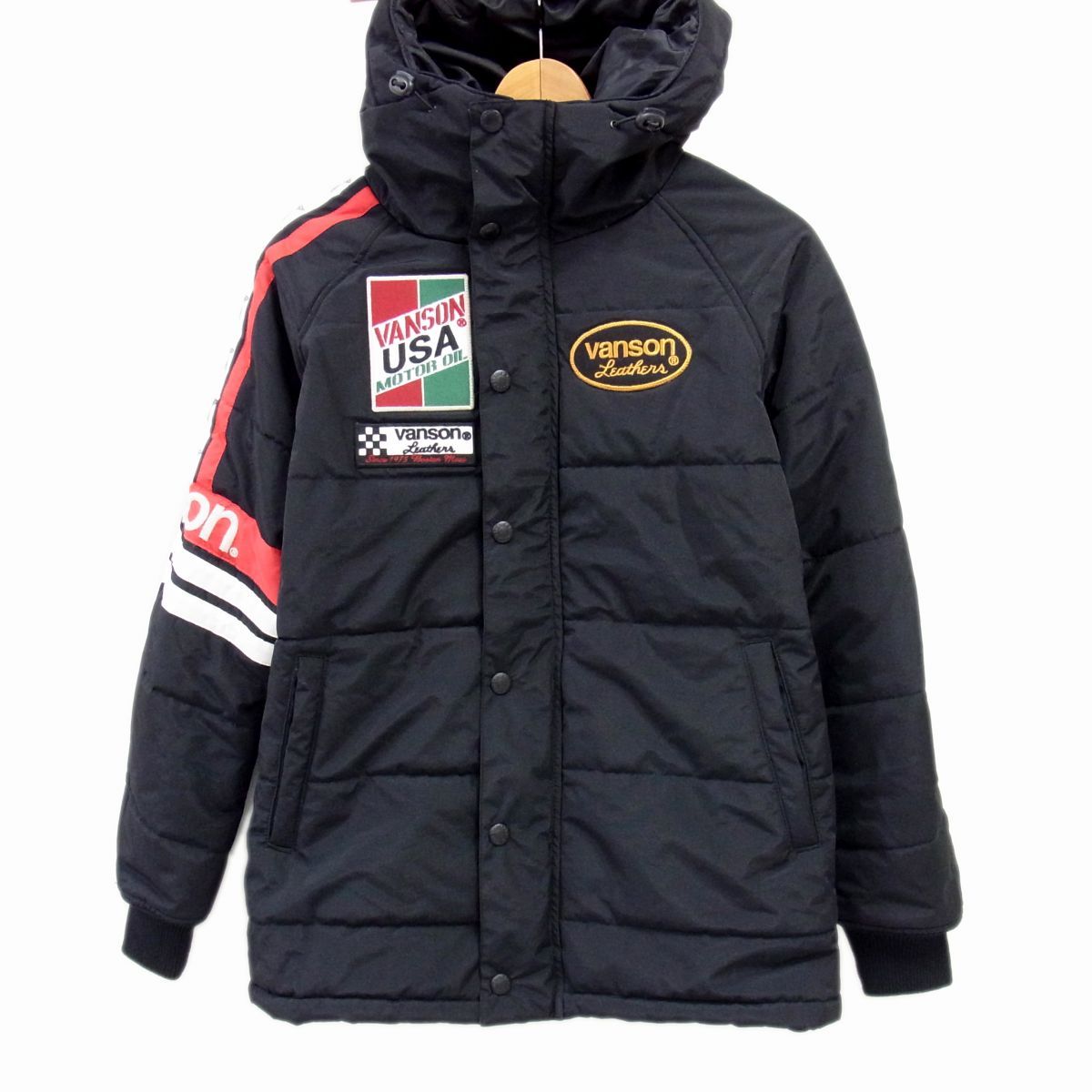 ◇Vanson 中綿パーカージャケット ブラック アメリカンレーシングテイスト バンソン  バイカー ストリート メンズ ◇Vanson 中綿パーカージャケット ブラック アメリカンレーシング