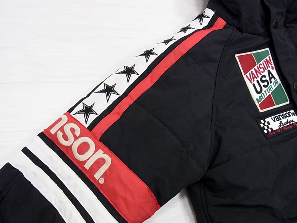 ◇Vanson 中綿パーカージャケット ブラック アメリカンレーシングテイスト バンソン  バイカー ストリート メンズ ◇Vanson 中綿パーカージャケット ブラック アメリカンレーシング