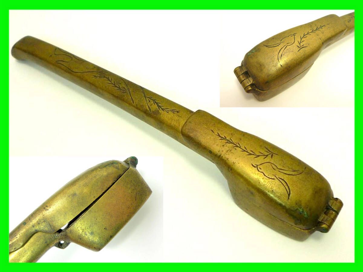 激レア トップ 矢立 真鍮 陽白草文様 一体型矢立 刀装具 書道具 江戸