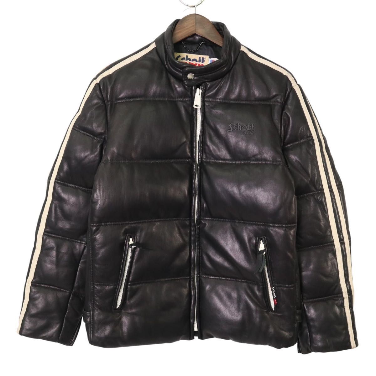 Schott レザー ダウンジャケット 黒 L モーターサイクル 本革 激レア】Schott ショット レザーダウンジャケット L モーターサイクル