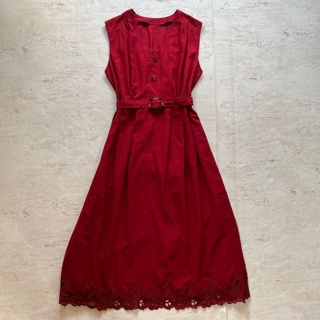 レトロ古着 赤ノースリーブワンピース 花柄刺繍レース ロング丈 ベルト