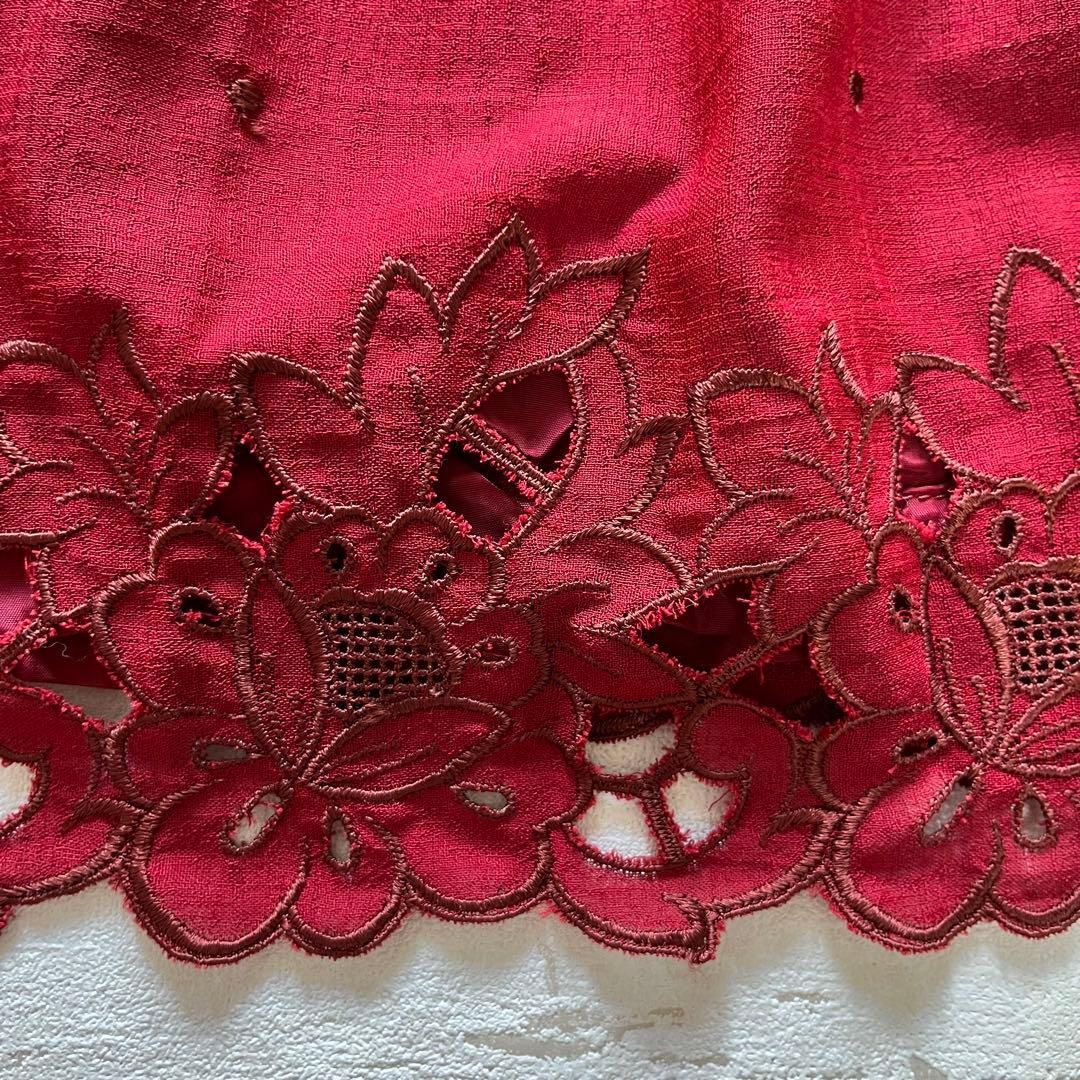 レトロ古着 赤ノースリーブワンピース 花柄刺繍レース ロング丈 ベルト