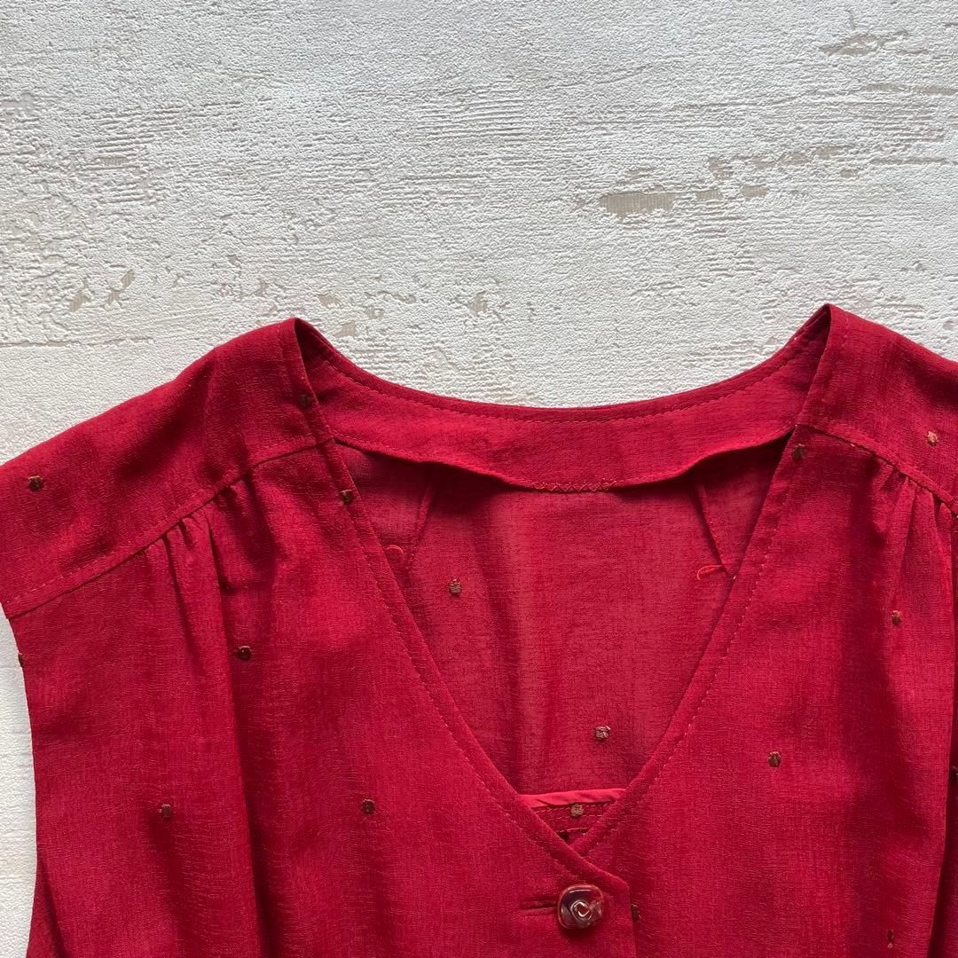 レトロ古着 赤ノースリーブワンピース 花柄刺繍レース ロング丈 ベルト