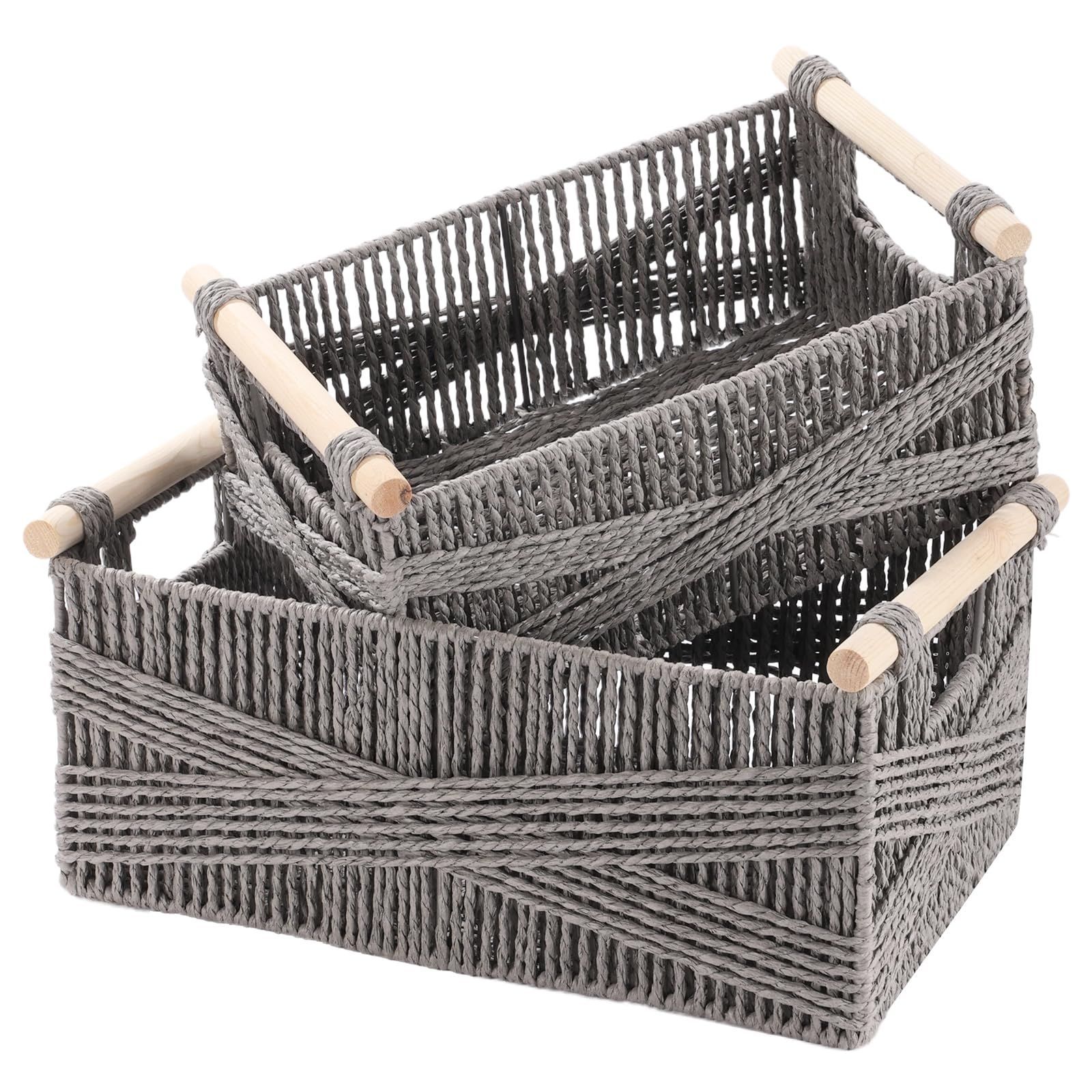 【新着商品】2個藤編みかご収納バスケットストレージ バスケット装飾品 収納 かご ワードローブ 手織り 積み重ね 小物入れケース ホーム ストレージ バスケット，紙 ロープ グレー