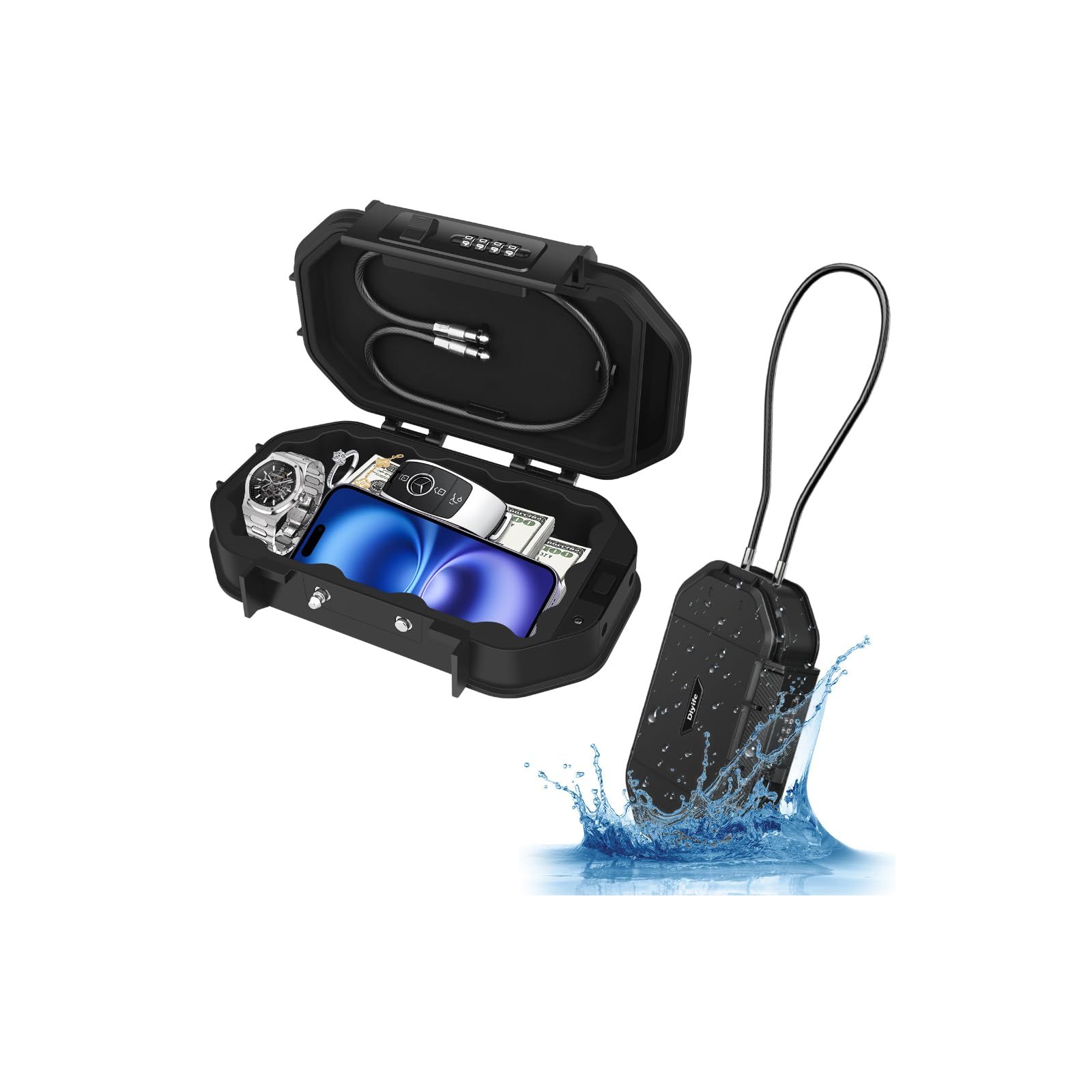 新品 ダイヤル式 セキュリティボックス [防水] Diyife 大容量キーボックス 、4桁暗証番号ダイヤル式 手提げ金庫、収納ボックス 貴重品ボックス コード付き盗難防止セキュリティボックス、ホ