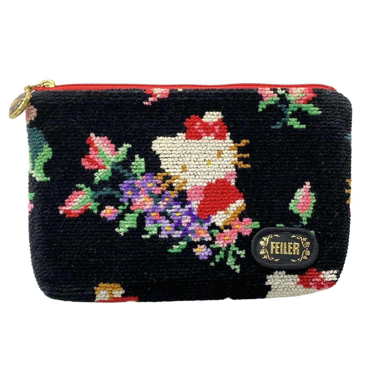 FEILER フェイラー ポーチ - 黒×白×マルチ 花柄 ハローキティ