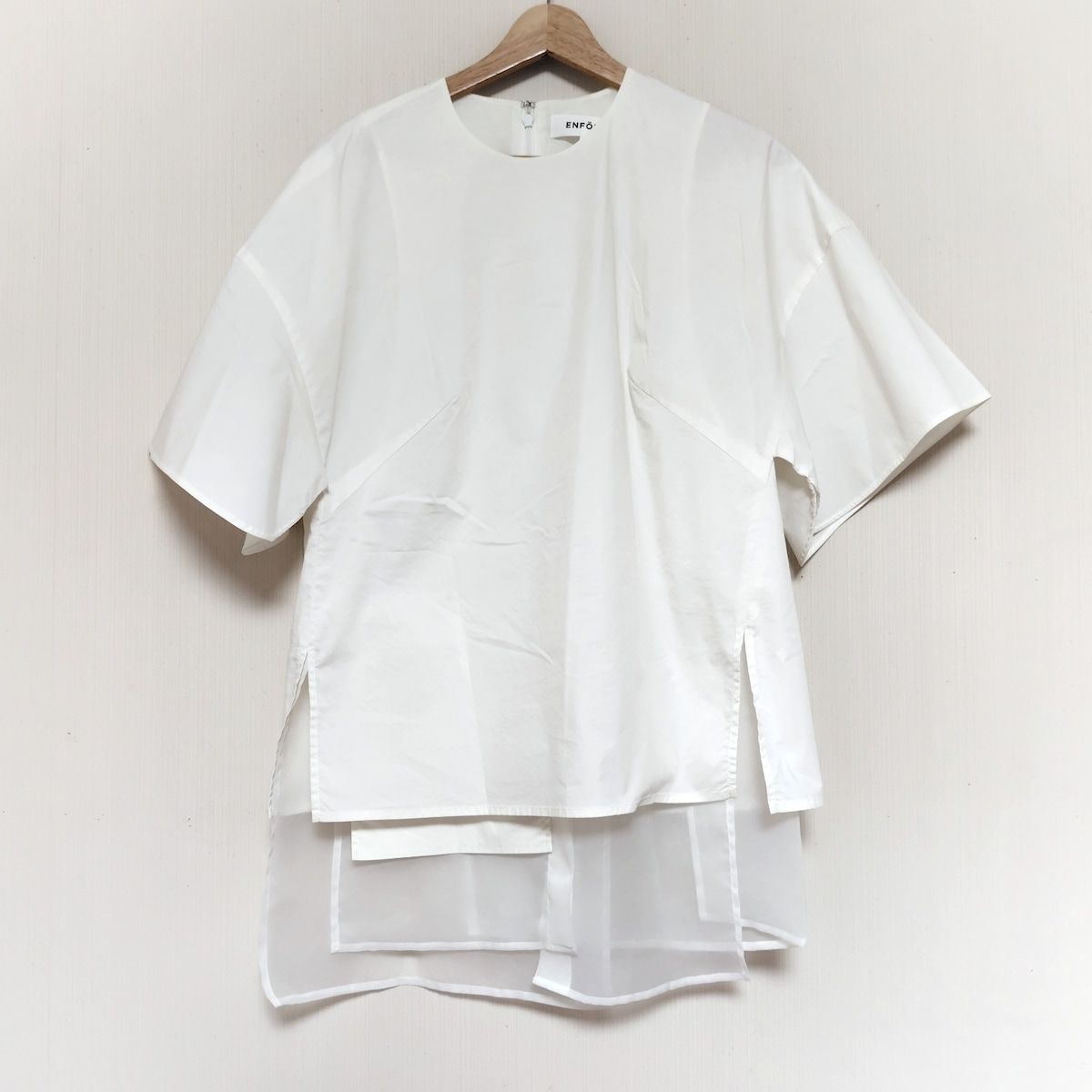 ENFOLD エンフォルド 半袖カットソー サイズ38 M レディース 白 変形デザイン チュールオーガンジー素材切替