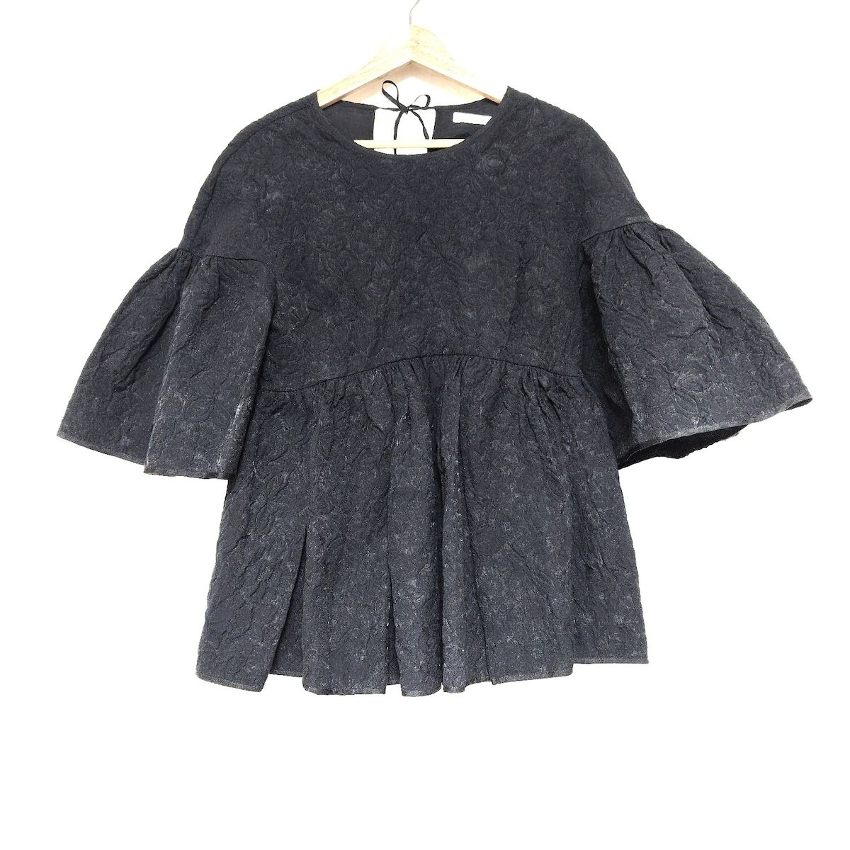CECILIE BAHNSEN セシリー バンセン 七分袖カットソー サイズUK 6 レディース 黒 クルーネック シワ加工 リボン