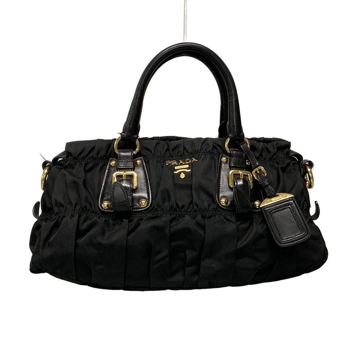 PRADA プラダ ハンドバッグ ギャザーバッグ 黒 革タグ レザー