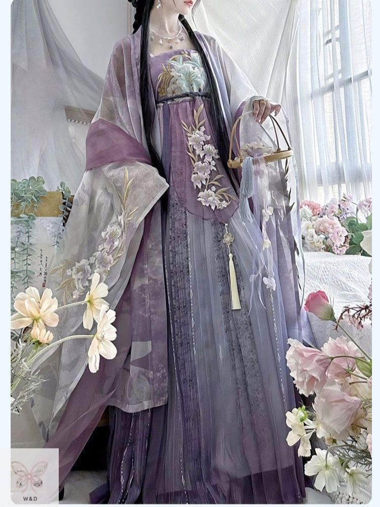 唐制 子裙 刺繍 大袖衫 齊胸 秋 日常 仙気 女性用 典雅 レトロ 秋風に舞う金糸の刺繍 唐の雅やかさを現代に映す仙気たっぷりな 子裙コーデ