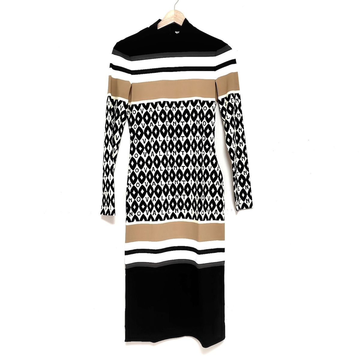 VALENTINO バレンチノ ワンピース サイズXS レディース WB3MJ03L6KU アイボリー×黒×マルチ ひざ丈 長袖 ハイネック