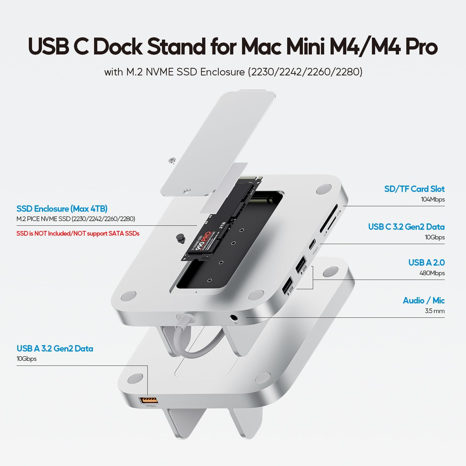 8 in 1 USB C ハブ Mac Mini M4 M4 Pro 2025用 スタンド 縦置き 1 x USBC USBA 3.2 Gen 2 10Gbps 2 x USB-A 2.0 1 x 3.5mm Audio - Mic 1 x SD