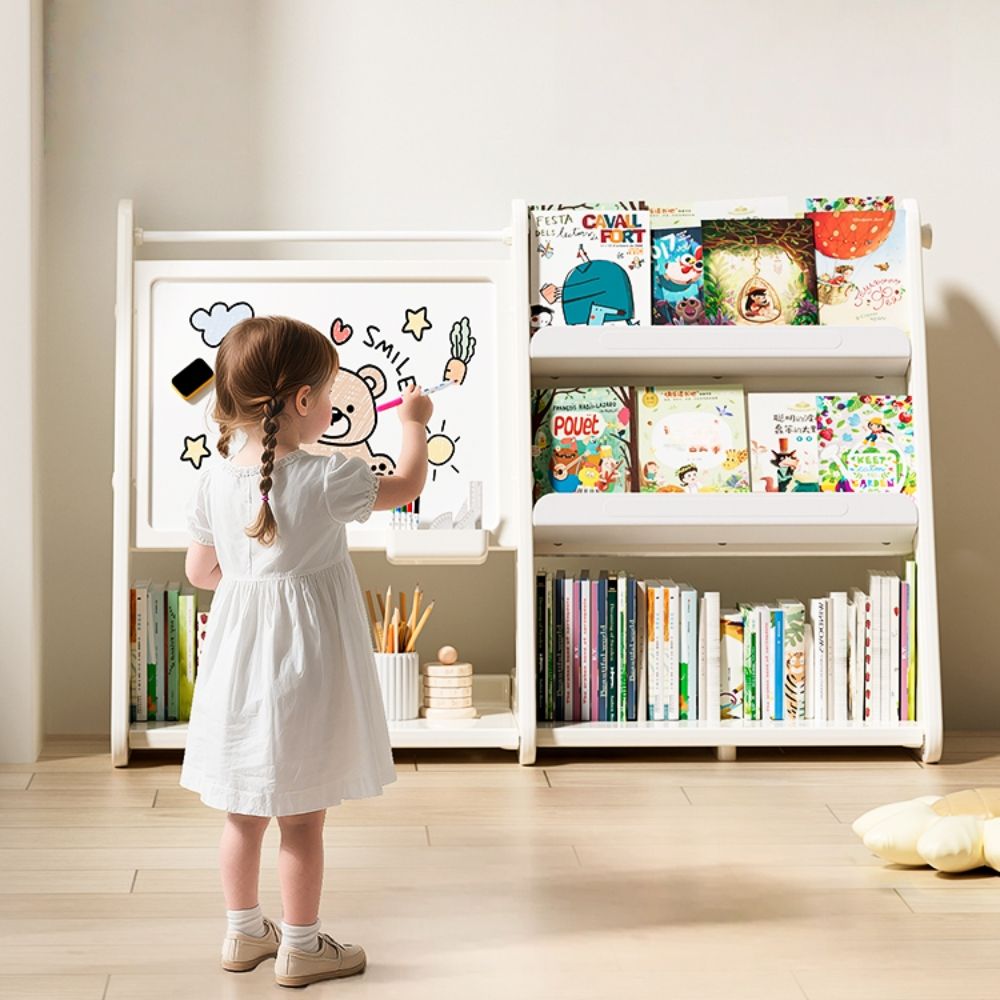  おもちゃ棚＆絵本棚＆描きボード 玩具箱 収納ケース おしゃれ ケース 子供部屋本棚 書棚 絵本棚 大容量 キッズ 収納ラック ラック 組立カンタン こども ゴール 練習用具 備品