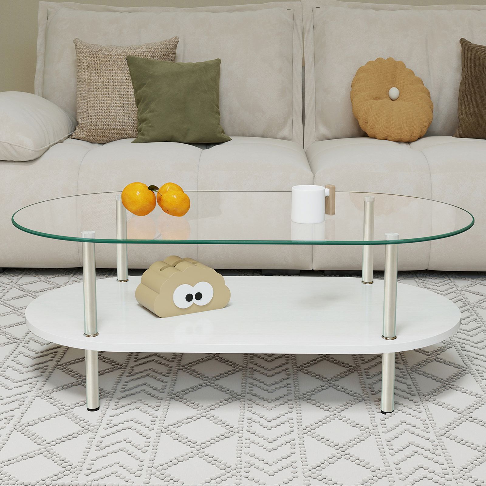 二段オーバルコーヒーテーブル 強化ガラス天板+MDF収納棚 ミニマリスト