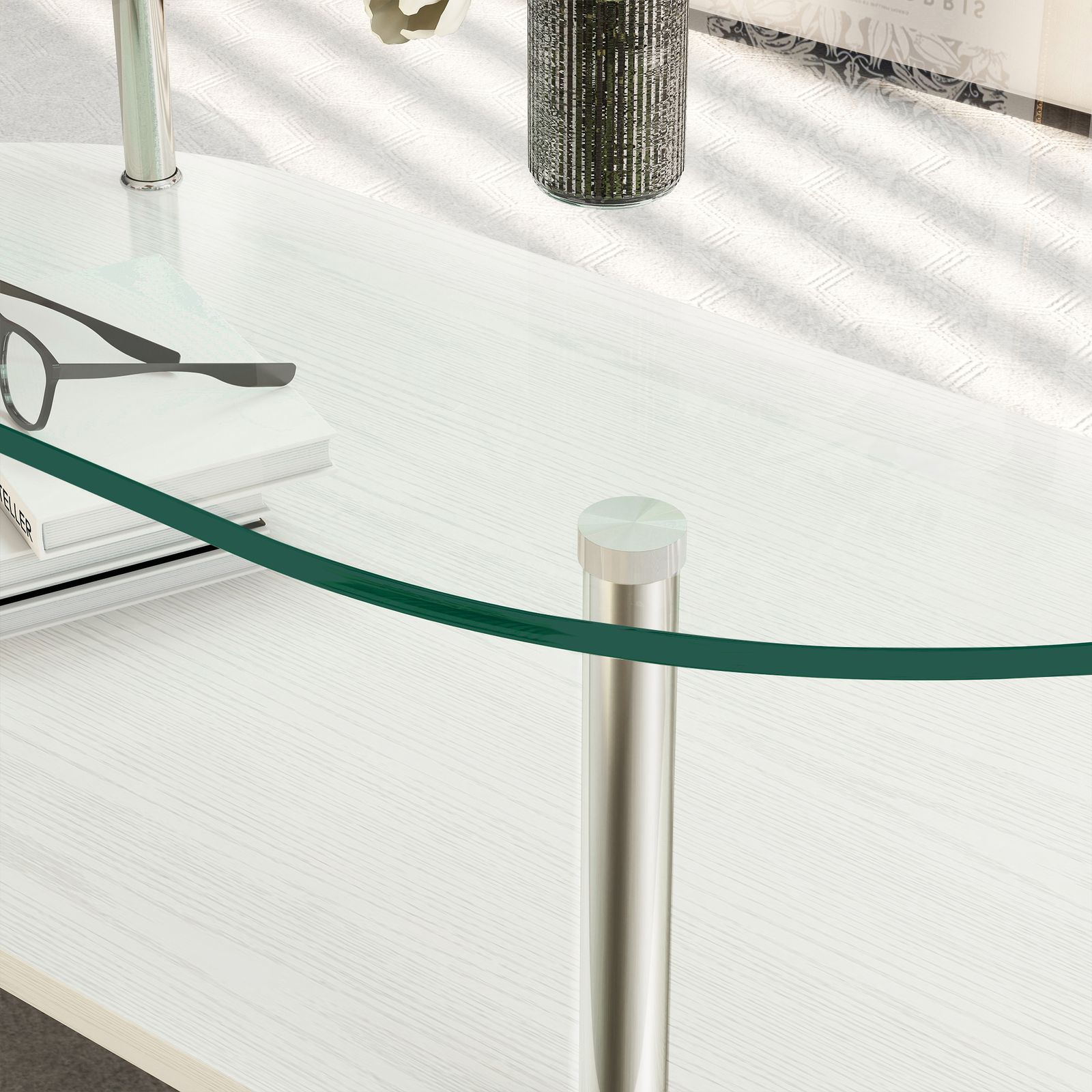 二段オーバルコーヒーテーブル 強化ガラス天板+MDF収納棚 ミニマリスト