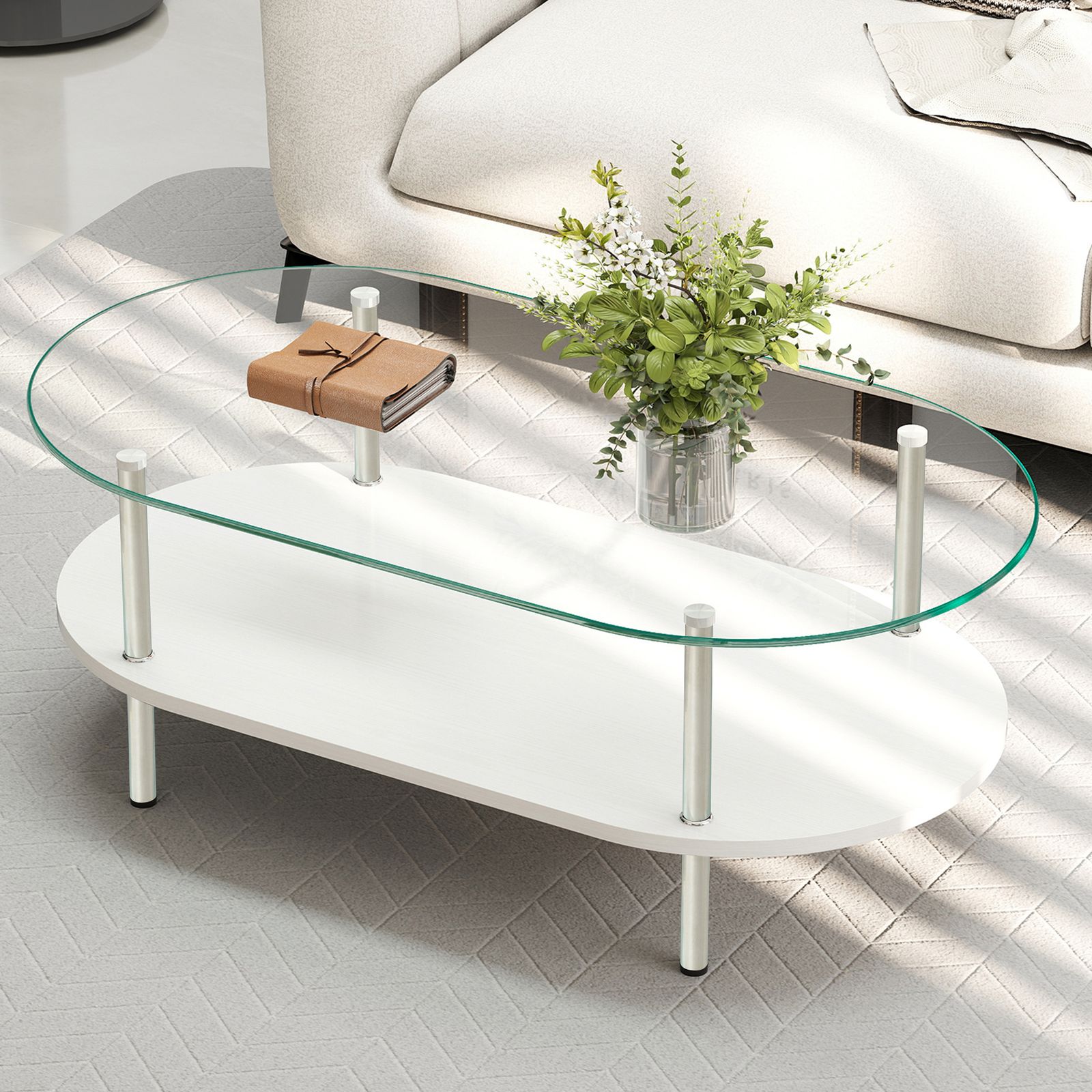 二段オーバルコーヒーテーブル 強化ガラス天板+MDF収納棚 ミニマリスト