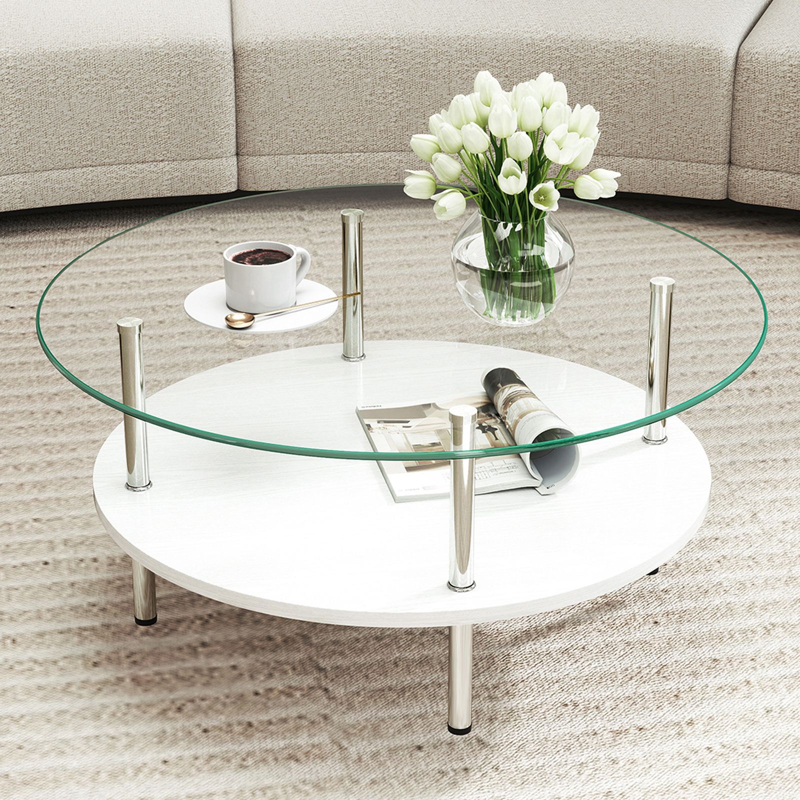 【ホワイト】二段オーバルコーヒーテーブル 強化ガラス天板+MDF収納棚 二段オーバルコーヒーテーブル 強化ガラス天板+MDF収納棚 ミニマリスト