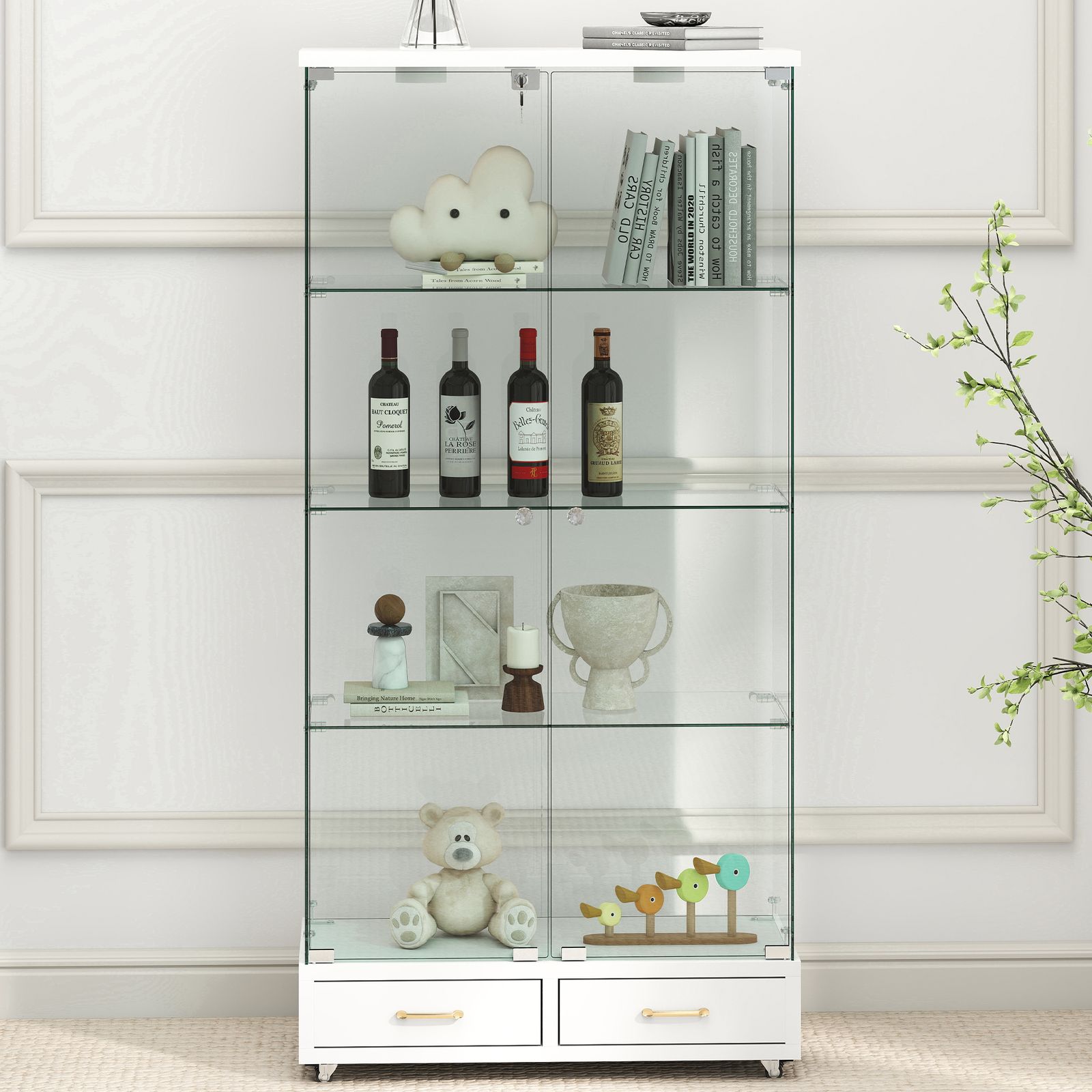大人気商品」全新品 LED照明・引き出し付き ガラス収納キャビネット 